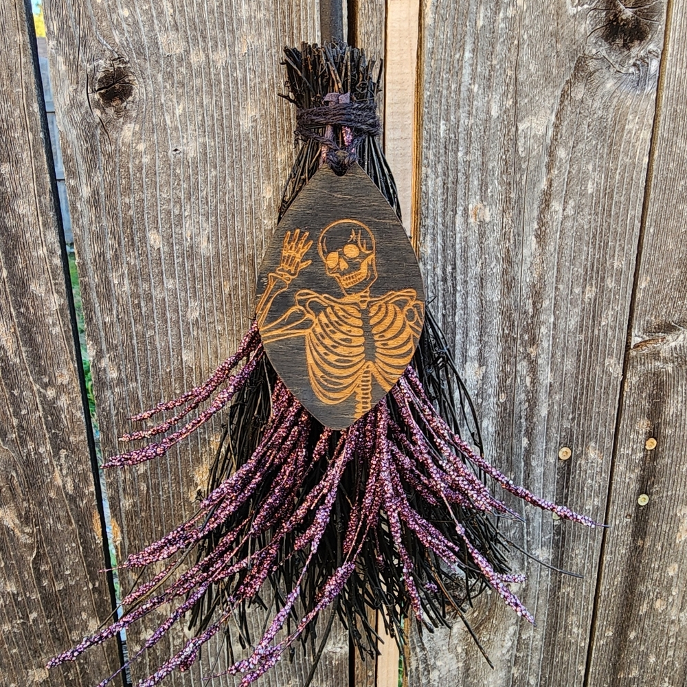 Halloween Witches Broomstick With Skeleton And Purple Glitter Accents - Picture 1 of 5